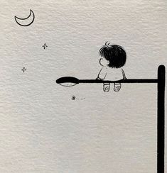 a drawing of a little boy sitting on top of a pole looking at the moon