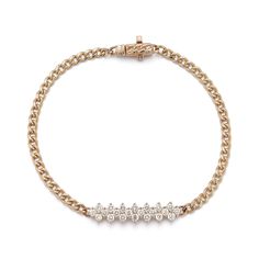 Elevate your wrist game with the Vivian Lily Cuban Chain Bar Bracelet, crafted in 14k gold and adorned with 0.75 carats of natural diamonds. This elegant piece combines the boldness of a Cuban chain with the delicate touch of diamond accents, making it a versatile addition to your jewelry collection. 14 Karat Gold 0.75 Total Diamond Carat Weight Available in 6.5" and 7" Lengths Diamond bar measures 5.6mm in width and 26.9mm in length. Cuban chain measures 2.8mm in width. Diamonds are G/H Color a Elegant Diamond Cuban Link Bracelet, Elegant Gold Cuban Link Bracelet With Diamonds, Elegant Gold Diamond Bracelet With Cuban Link, Elegant Diamond Cut Cuban Link Bracelet, Elegant Diamond-cut Cuban Link Diamond Bracelet, Dana Rebecca Designs, Wrist Game, Diamond Bar, Cuban Chain