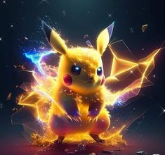 the pikachu is sitting in front of some fire and ice flakes