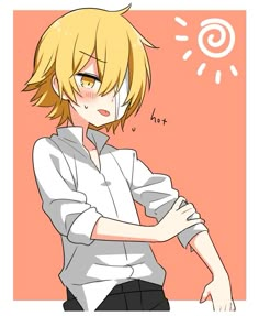 an anime character with blonde hair and blue eyes, wearing a white shirt and black pants