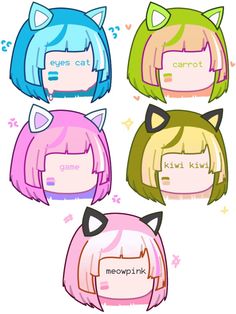 four cartoon cats with different colored hair and their name written on the side of them