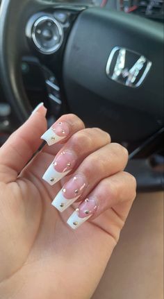 White french nails with gems;coffin Clear And White French Nails, White Acrylics With Gems, Nails With Gems Coffin, Clear Rhinestone Nails, White French Tip Nails With Gems, Clear Nails With Gems, White French Tip With Gems, French Nails With Gems, White Nails With Gems