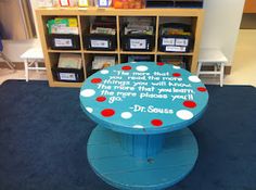 a blue table with red and white polka dots on it in front of a bookshelf