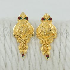 Celebrate the essence of Indian heritage with these radiant 22k gold earrings. Each earring is meticulously designed with traditional patterns that catch the light and add a regal touch to your look. Perfect for both festive occasions and elegant evenings, these earrings are a testament to the rich history of Indian jewelry, offering a blend of classic beauty and modern sophistication. 22k gold earrings handmade jewelry made in India Metal real gold, Purity 22k gold,  length is 3 centimeter and Festive 22k Yellow Gold Bridal Earrings, Festive 22k Yellow Gold Jhumkas, 22k Gold Meenakari Temple Jewelry Earrings, Festive 22k Gold Bridal Earrings For Ceremonial Occasions, Ceremonial 22k Gold Bridal Earrings For Festive Occasions, Festive Ceremonial 22k Gold Bridal Earrings, Ceremonial Festive 22k Gold Bridal Earrings, Traditional Yellow Gold Bridal Earrings Hallmarked, Traditional Yellow Gold Bridal Earrings For Festivals