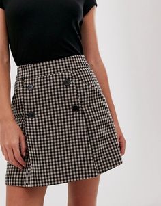 Monki A-line check mini skirt with buttons in brown | ASOS Diy Tennis Skirt, Checks Skirt, Buttons Outfit, Check Mini Skirt, Plus Size Fall Fashion, Check Skirt, Button Outfit, Skirt With Buttons