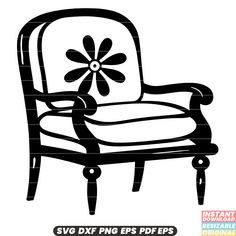 a black and white silhouette of a chair with a flower on the armrests