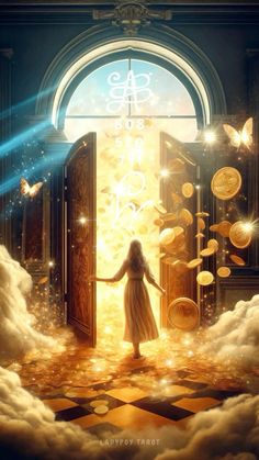 a woman standing in front of an open door surrounded by clouds and gold coins with butterflies flying around her