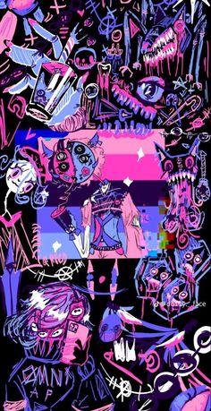 an abstract painting with pink and blue colors on the bottom half of it, surrounded by other art related items