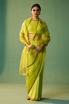 Lime green habutai silk and organza saree with dori, marori and zardosi hand embroidery. - Aza Fashions Green Pre-draped Saree With Gota Work For Eid, Festive Pista Green Chanderi Pre-draped Saree, Bollywood Style Pista Green Organza Pre-draped Saree, Pista Green Cotton Silk Blouse Piece For Wedding, Silk Pre-draped Saree In Pista Green With Resham Embroidery, Green Silk Pre-draped Saree With Resham Embroidery, Wedding Blouse Piece In Pista Green Cotton Silk, Pista Green Organza Pre-draped Saree, Traditional Pista Green Organza Pre-draped Saree