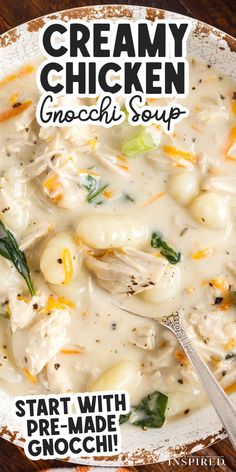 creamy chicken gnocchi soup in a white bowl with a spoon on the side