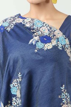 Buy Blue Denim Embroidered Floral Cape One Shoulder And Pant Set For Women by Anamika Khanna Online at Aza Fashions. Floral Cape, Cape Top, Cape Tops, Anamika Khanna, Embroidered Pants, Embroidered Denim, Draped Fabric, Colored Denim, Pant Set