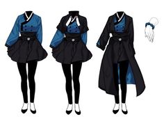 three different views of a woman in black and blue clothes