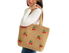 Woman Bag, Shoulder Bag, Summer Bag, Raffia Bag, Crochet Bag, Fruity Bag I love using bags, especially fun bags. Life can be hard and boring sometimes, but every time I look at my bag, I feel happiness. I knitted the bag with paper yarn. It has crocheted cherries in real cherry colors (red and green). Since the cherries are fixed in the bag, there is no risk of falling. If you are thinking of a special gift for your dearest and most special friends, do not miss this bag. There are 2 different co Cute Rectangular Natural Color Bag, Cute Natural Rectangular Bags, Eco-friendly Jute Crochet Bag For Gift, Casual Jute Bag As Gift, Casual Jute Bags For Gifts, Cute Rectangular Crochet Travel Bag, Natural Crochet Bag For Shopping, Natural Crochet Shopping Bag, Trendy Handmade Straw Pouch Bag