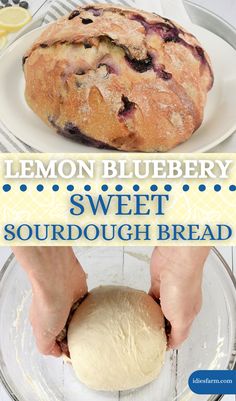 lemon blueberry sweet sourdough bread on a plate with the words lemon blueberry sweet sourdough bread