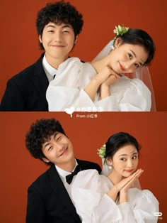 two pictures of a man and woman in wedding attire, one is holding the other's neck