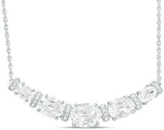 Zales Oval Lab-Created White Sapphire and 1/10 CT. T.W. Diamond Graduated Five Stone Necklace in Sterling Silver White Sapphire, Rope Chain, Stone Necklace, Spring Rings, Bright White, Diamond Necklace, Sapphire, Sparkle, Sterling Silver