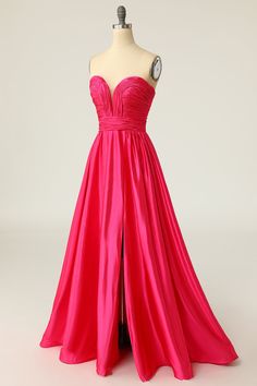 Pink A-line Strapless Dress For Prom, Evening Dresses With Folds And Fitted Bodice, Pleated Evening Gown With Fitted Bodice, Pink Sweetheart Neckline Evening Dress For Prom, Ruched A-line Evening Dress For Party, Strapless Pleated Evening Dress For Wedding, Bridesmaid Ball Gown Evening Dress With Pleated Bodice, Satin Dress With Sweetheart Neckline And Lining, Prom Evening Dress With Draped Fitted Bodice