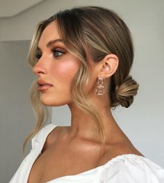 Tied Hairstyle For Wedding, Bussines Woman Hairstyles, Brunette Low Bun Wedding, Wedding Guest Hair Brunette, Wedding Guest Hairstyles Low Bun, Wedding Hair For Windy Day, Slick Updo Hairstyles Wedding, Low Bun Party Hairstyles, Low Bun With Front Pieces Out