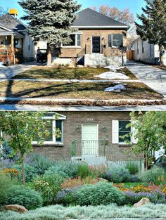 the before and after pictures of landscaping in front of a house with trees, shrubs and flowers