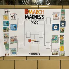 a white board with many pictures on it and the words march madness written in black