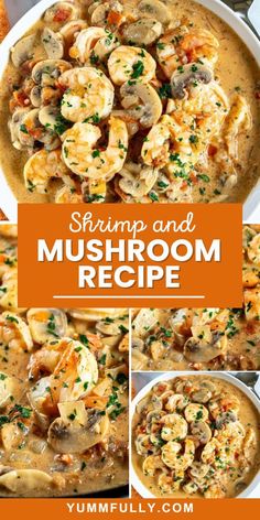 shrimp and mushroom recipe in a white bowl