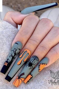 Long Halloween Acrylic Nails, Nail Therapy, Black Halloween Nails, Horror Nails, Halloween Acrylic, Fake Nails Long