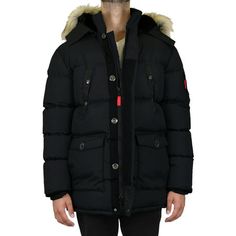 Heavyweight Parka Jacket w/ Detachable Hood Size: S.  Color: Black.  Gender: male.  Age Group: adult. Casual Black Down Hooded Jacket, Black Down Hooded Jacket For Cold Weather, Black Down Parka With Pockets, Weatherproof Long Sleeve Black Parka, Weatherproof Black Parka, Black Long Sleeve Weatherproof Parka, Black Down Parka With Adjustable Hood, Black Urban Down Parka, Functional Black Down Hooded Jacket