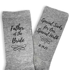 Special socks for a special walk custom printed with your wedding date and father of the bride on flat knit dress socks on heather gray crew socks. Groom Socks, Wedding Socks, Personalized Socks, Custom Socks, The Wedding Date, Men's Shoe, Wedding Date, Father Of The Bride, Happy Memories