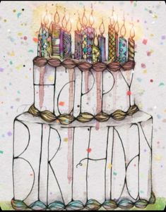 a drawing of a birthday cake with candles on it and confetti sprinkles