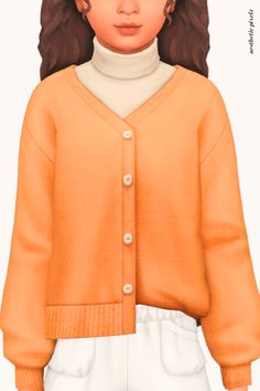 a drawing of a girl wearing an orange sweater and white pants, with her hair pulled back