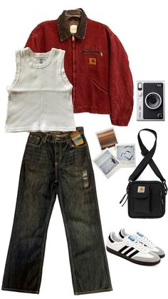 How To Style Brown Shorts, Red Jean Jacket Outfit, Red Jacket Outfit Aesthetic, Outfits For Rainy Days, Downtown Outfits, Old Style