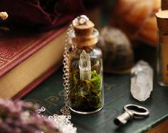 an open bottle filled with plants and rocks on top of a table next to other items