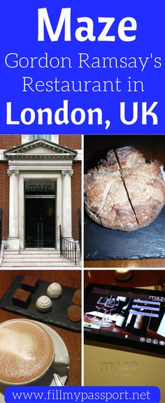 some food and drinks are on display in front of a building with the words, maze gordon ramsay's restaurant in london, uk