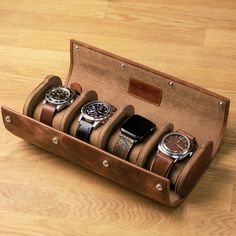 Perfect travel accessory or storage case for a watch enthusiast. Our sturdy and elegant leather watch box is the ultimate luxury solution for watch storage and protection, whether you're at home or on the go. Crafted from premium full-grain calfskin, this watch box is designed and tested to prevent damage to your watch while traveling. The inner lining is made from soft microfiber to protect your watch from scratches, while the snap cushions keep your watch in place and are simple to attach to t Leather Watch Roll, Leather Watch Case, Leather Watch Box, Watch Roll, Watch Storage, Fathers Day Sale, Groom Gift, Leather Conditioner, Orange Leather