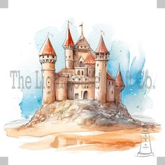 a watercolor painting of a castle on top of a hill