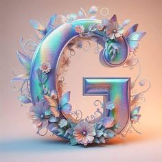 the letter f is decorated with butterflies and flowers in pastel blue, green, pink and purple colors