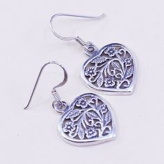 Vintage sterling silver handmade earrings, floral 925 filigree heart, stamped 925 Traditional Silver Heart Earrings For Gift, Traditional Silver Heart Earrings, Traditional Sterling Silver Jewelry For Valentine's Day, Traditional Heart-shaped Sterling Silver Jewelry, Intricate Flower-shaped Earrings For Gift, Sterling Silver Filigree Heart Jewelry, Sterling Silver Heart Filigree Jewelry, Traditional Nickel-free Heart Earrings As Gift, Traditional Nickel-free Heart Earrings For Gift