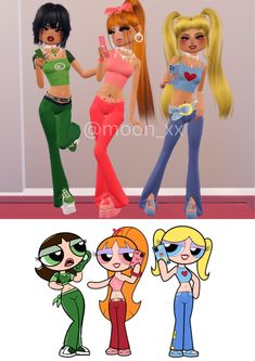 three cartoon girls in different outfits standing next to each other and one is holding a cell phone