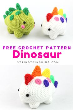 two crocheted animals with different colors on them and the text, free crochet pattern dinosaur