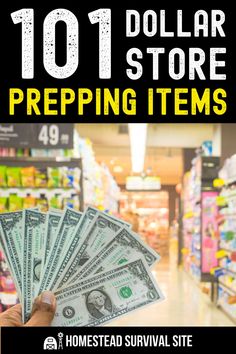 a person holding money in their hand with the words 101 dollar store prepping items