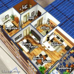 an aerial view of a house with all the rooms labeled in english and latin - american