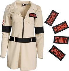 a woman's white coat with black and red patches on the front, along with matching patches