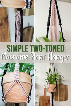 simple two - toned macrame plant hanger made from wood and rope