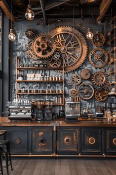 an industrial style coffee shop with gears on the wall