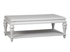 a white coffee table with two shelves on each side and one shelf below the top