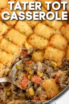 tater tot casserole in a skillet with a spoon and text overlay