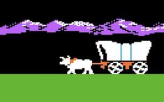 an old - school computer game shows a cow pulling a wagon with purple mountains in the background