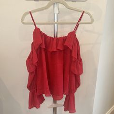 Parker Cold Shoulder Blouse - Size Xs - Textured Hibiscus Red Material - Ruffle Trim - Adjustable Spaghetti Straps - Long Sleeves With Ruffle Cuffs - 100% Polyester Red Ruffled Top For Beach, Red Off-shoulder Blouse For Spring, Red Sleeveless Blouse For Day Out, Sleeveless Red Blouse For Day Out, Red Ruffle Tops For Brunch, Red Ruffled Tops For Brunch, Chic Red Blouse For Brunch, Red Off-shoulder Blouse For Party, Red Ruffled Tops For Vacation