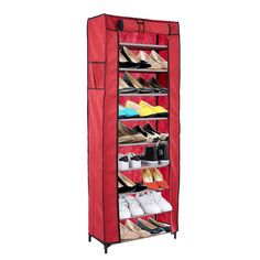 an over the door shoe rack with multiple pairs of shoes on top and bottom shelves