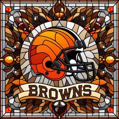 a stained glass window with a football helmet and the words browns in front of it